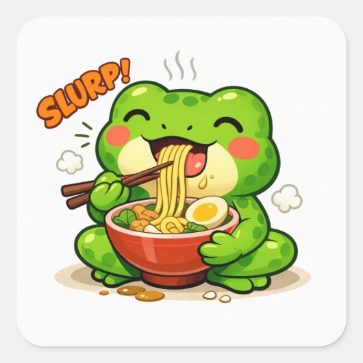 かわいいカエルが麺類を食べる スクエアシール (正面)