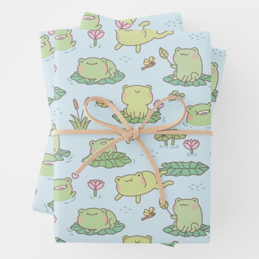 かわいいカエルとトンボの池のパターン ラッピングペーパーシート (インサイチュ)