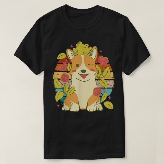 かわいいカエルと花を持つヴィンテージの可愛いコルギ犬 Tシャツ (デザイン正面)