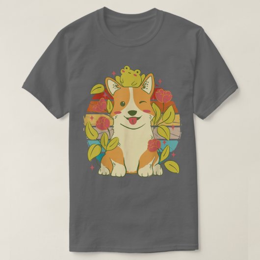かわいいカエルと花を持つヴィンテージの可愛いコルギ犬 Tシャツ (デザイン正面)