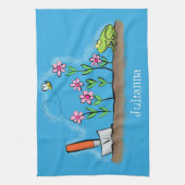 かわいいカエルと蜂の庭の漫画イラストレーション キッチンタオル (縦)