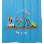 かわいいカエルと蜂の庭の漫画イラストレーション シャワーカーテン (正面)