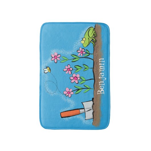 かわいいカエルと蜂の庭の漫画イラストレーション バスマット (正面縦)