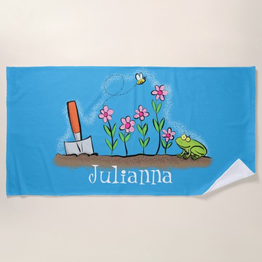 かわいいカエルと蜂の庭の漫画イラストレーション ビーチタオル (正面)