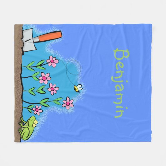 かわいいカエルと蜂の庭の漫画イラストレーション フリースブランケット (正面(横))