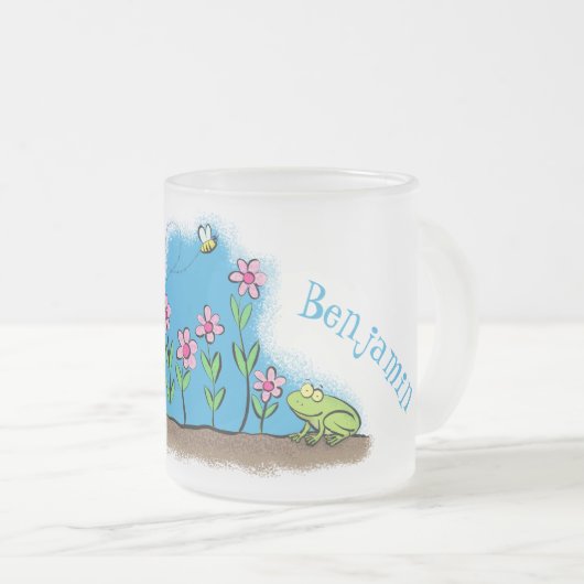 かわいいカエルと蜂の庭の漫画イラストレーション フロストグラスマグカップ (正面右)