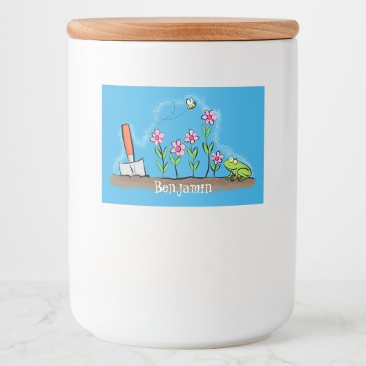 かわいいカエルと蜂の庭の漫画イラストレーション フードラベル (正面)