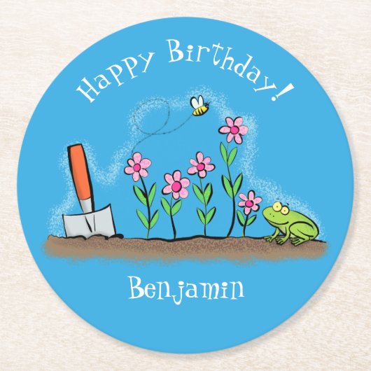 かわいいカエルと蜂の庭の漫画イラストレーション ラウンドペーパーコースター (正面)