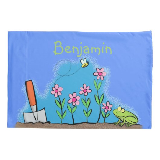 かわいいカエルと蜂の庭の漫画イラストレーション 枕カバー (裏面)