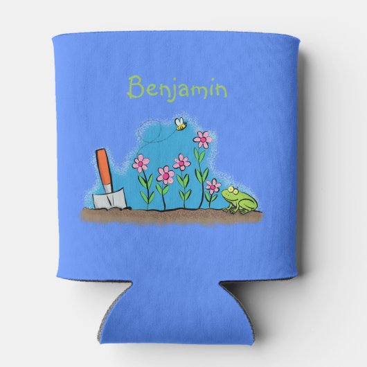 かわいいカエルと蜂の庭の漫画イラストレーション 缶クーラー (裏面)