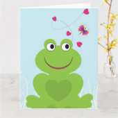 かわいいカエルと蝶。ハッピーバースデー カード (黄色い花)