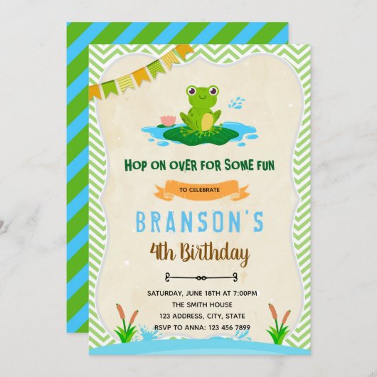 かわいいカエルのトッド誕生日パーティーの招待 招待状 (正面/裏面)