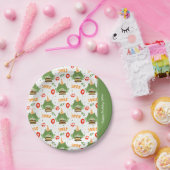 かわいいカエルのパターンスマイル文字ハッピーバースデーw名前 ペーパープレート (パーティー)