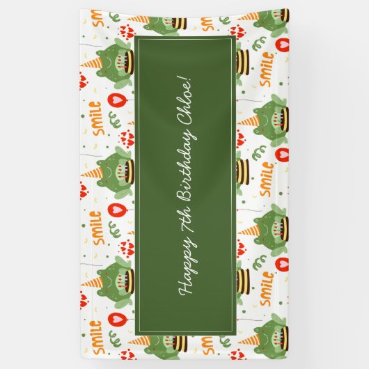 かわいいカエルのパターンスマイル文字ハッピーバースデーw名前 横断幕 (縦)