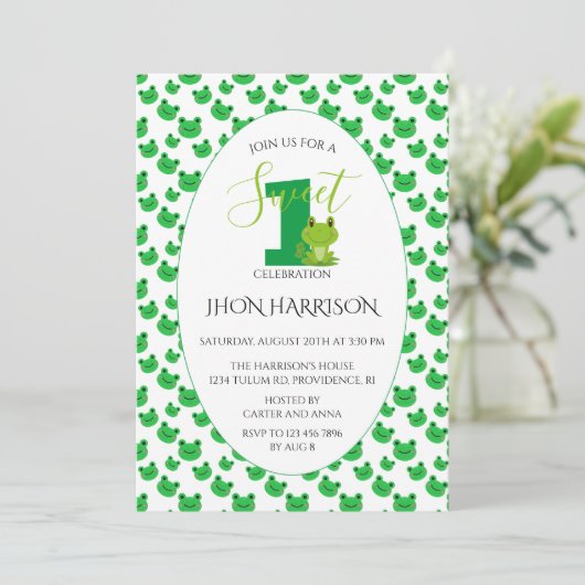 かわいいカエルの最初の誕生日パーティー 招待状 (スタンド正面)