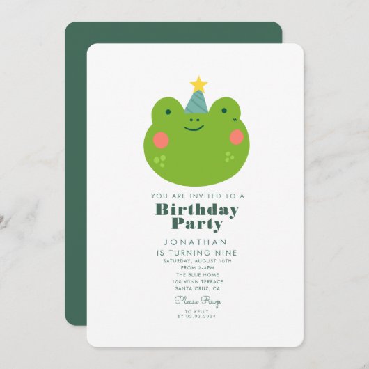かわいいカエルの森と動物の誕生日 招待状 (正面/裏面)
