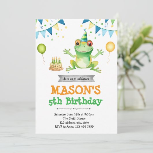 かわいいカエルの誕生日の招待状 招待状 (スタンド正面)