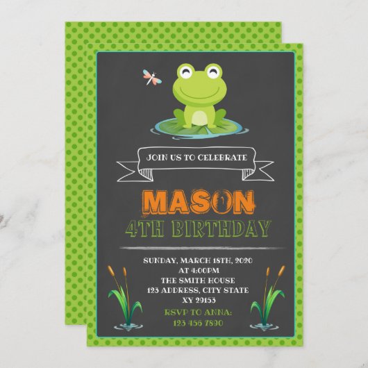 かわいいカエルの誕生日パーティーの招待状 招待状 (正面/裏面)