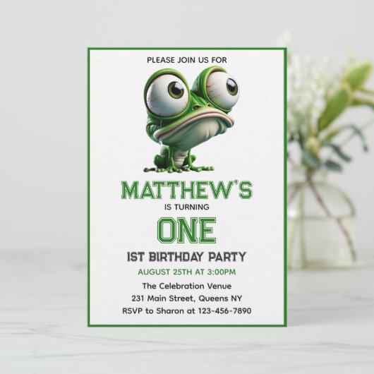 かわいいカエルの農場テーマ 1歳の誕生日 招待状 (スタンド正面)