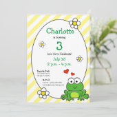 かわいいカエルの黄色のストライプ誕生日パーティー招待状 招待状 (スタンド正面)