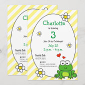 かわいいカエルの黄色のストライプ誕生日パーティー招待状 招待状 (正面/裏面)