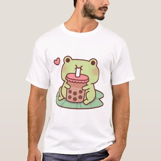 かわいいカエルはバブルティーを飲むのが大好き Tシャツ (正面)