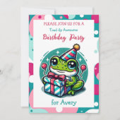 かわいいカエルをテーマにした少女の誕生日パーティー 招待状 (正面)