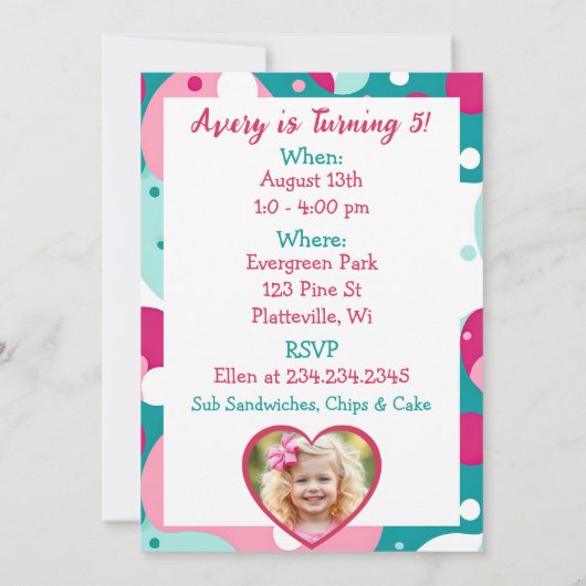 かわいいカエルをテーマにした少女の誕生日パーティー 招待状 (裏面)