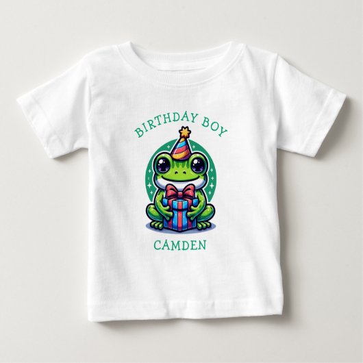 かわいいカエルをテーマにした少年の誕生日パーソナライズされた少年 ベビーTシャツ (正面)