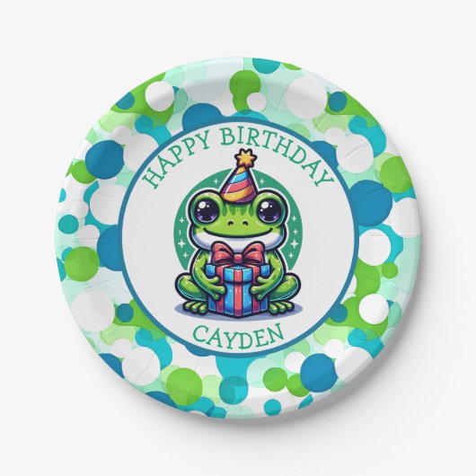 かわいいカエルをテーマにした少年の誕生日少年 ペーパープレート (正面)