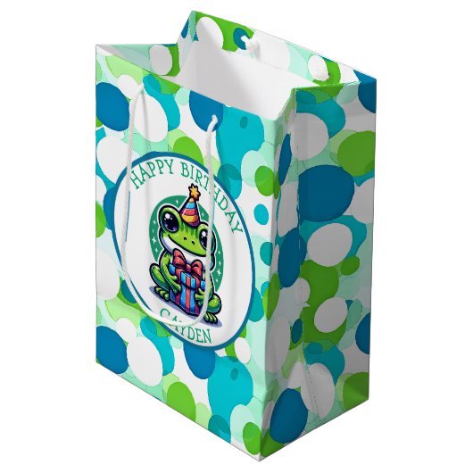 かわいいカエルをテーマにした少年の誕生日少年 ミディアムペーパーバッグ (正面アングル)