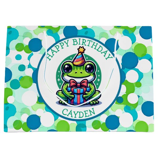 かわいいカエルをテーマにした少年の誕生日少年 ラージペーパーバッグ (正面)