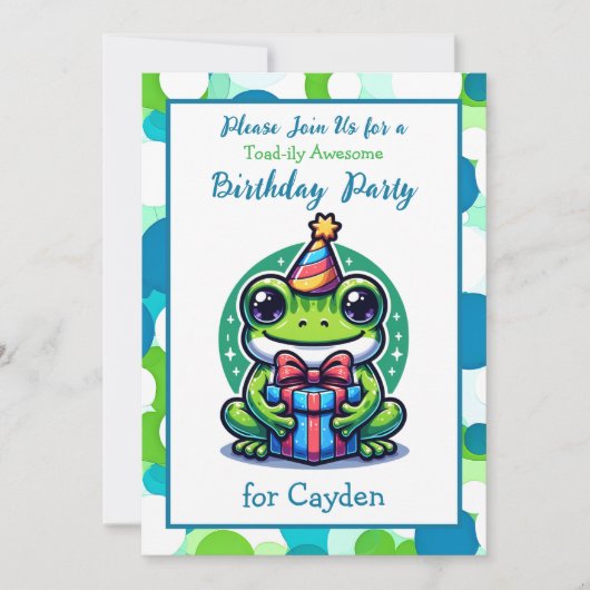 かわいいカエルをテーマにした男の子の誕生日パーティー 招待状 (正面)