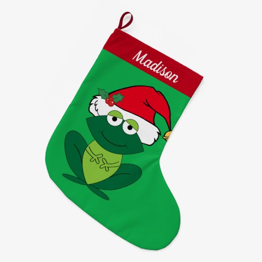 かわいいカエルカスタムの子ども ラージクリスマスストッキング (正面 (吊り時))