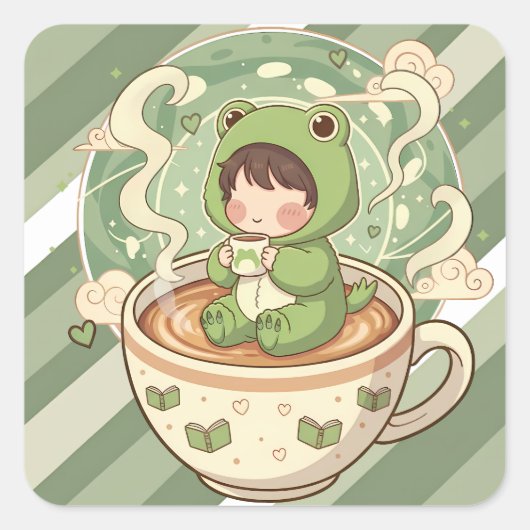 かわいいカエルコーヒーテイルデザイン スクエアシール (正面)