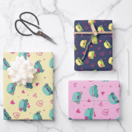 かわいいカエルハートラブパターンバレンタインデー ラッピングペーパーシート