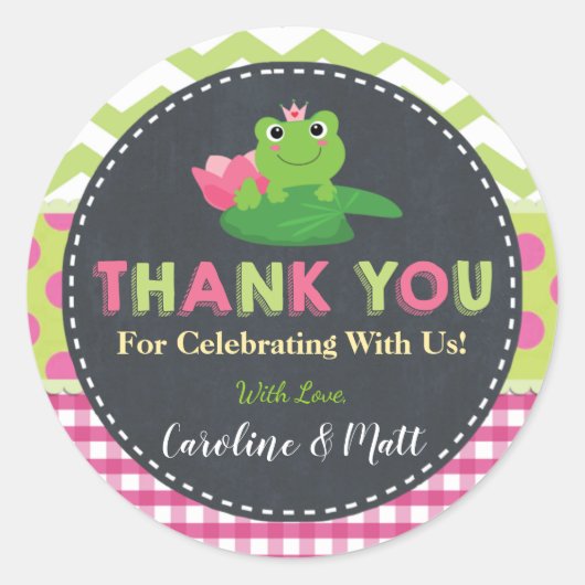 かわいいカエルピンク緑の赤ちゃんシャワーありがとう ラウンドシール (正面)