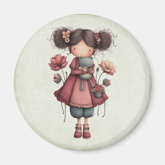 かわいいカエル人形を持つ女の子 ユーモラス マグネット (正面)