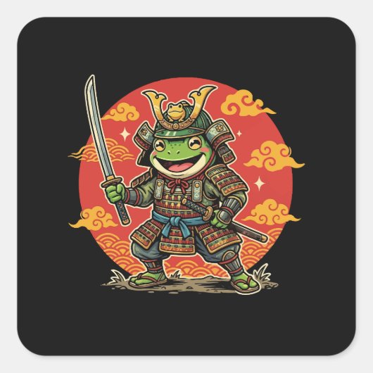 かわいいカエル侍の漫画キャラクター動物戦士デザイン スクエアシール (正面)