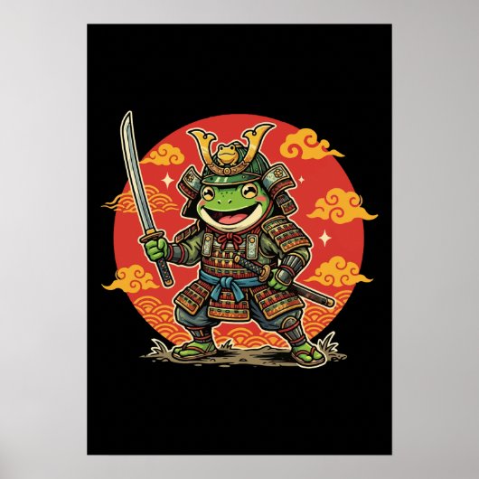 かわいいカエル侍の漫画キャラクター動物戦士デザイン ポスター (正面)
