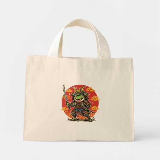 かわいいカエル侍の漫画キャラクター動物戦士デザイン ミニトートバッグ (正面)