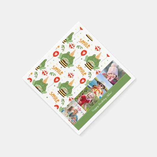 かわいいカエル柄スマイル文字ハッピーバースデー写真 スタンダードカクテルナプキン (角)