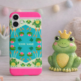 かわいいカエル柄 ピンク グリーン 名前入り iPhone 16 PLUSケース