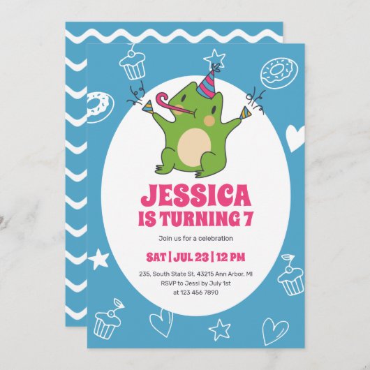 かわいいカエル漫画パーティー動物子供の誕生日 招待状 (正面/裏面)