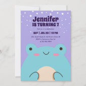 かわいいカエル漫画パープル子供の誕生日 招待状 (正面)