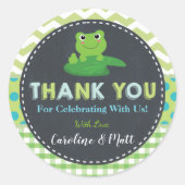かわいいカエル緑の青の赤ちゃんシャワーありがとう ラウンドシール (正面)