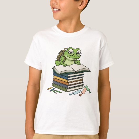 かわいいカエル読書家 - 本の虫の学生 Tシャツ (正面)