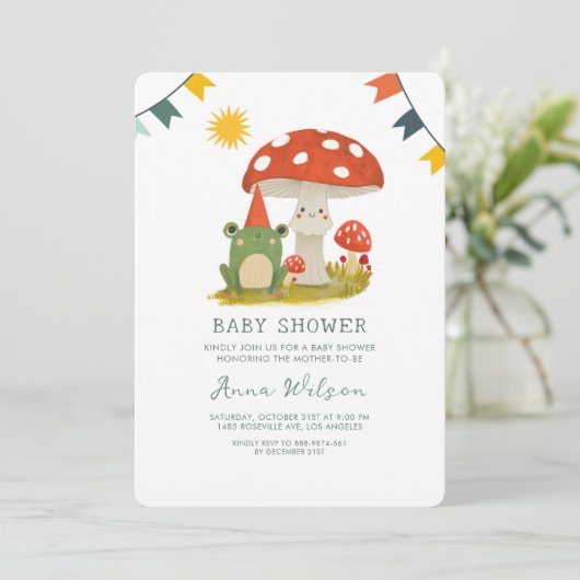 かわいいカエル赤帽きのこ可愛い赤ちゃんシャワー 招待状 (スタンド正面)