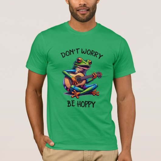 かわいいカエル遊はギター | Don't Worry, Be Hoppy Tシャツ (正面)