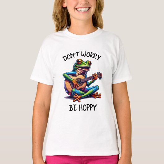 かわいいカエル遊はギター | Don't Worry, Be Hoppy Tシャツ (正面)